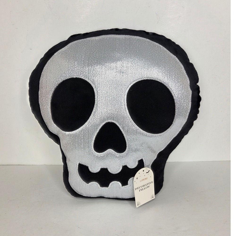 Halloween Skull Decorative Pillow Silver Metallic Black Spooky Decor Plush